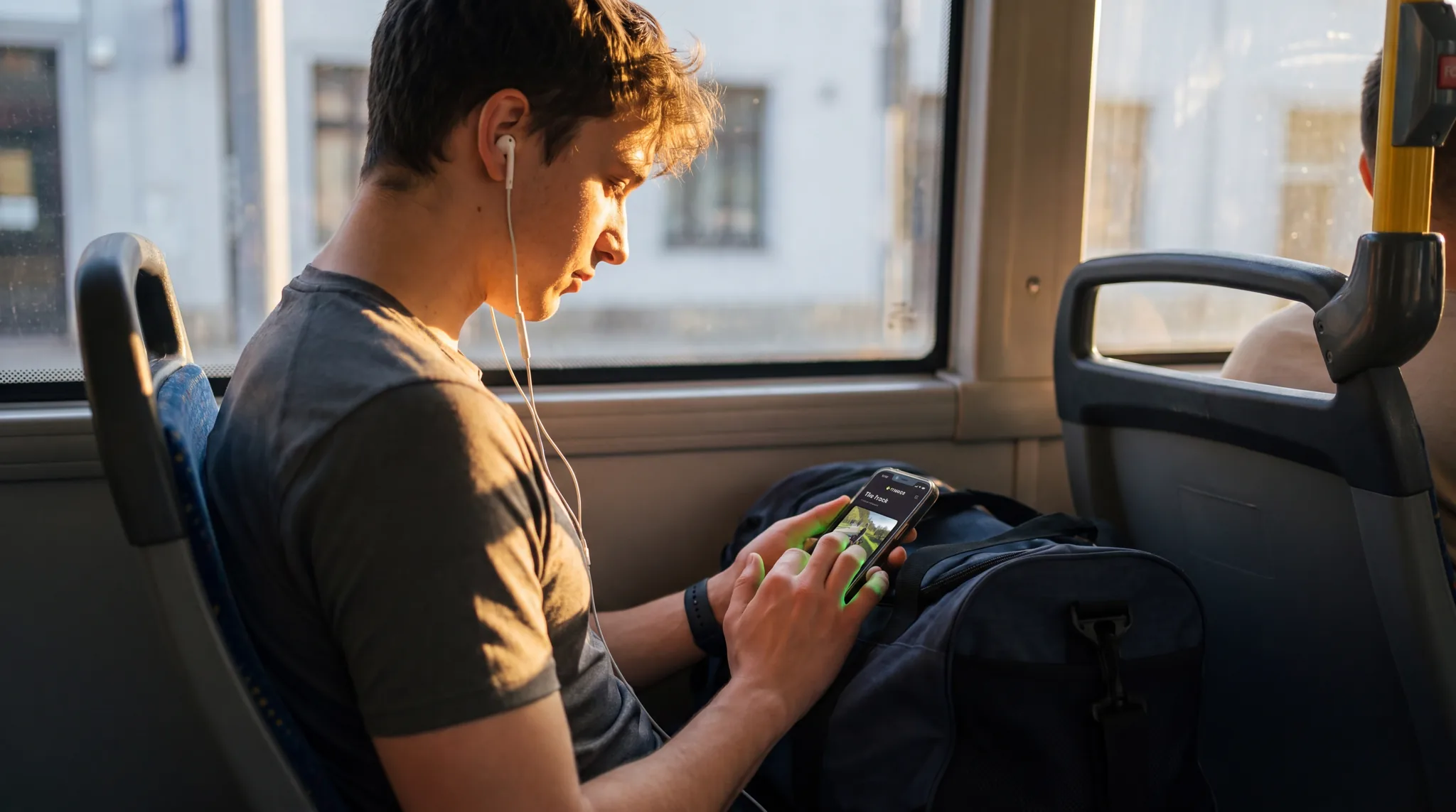Athlete on the bus scrolling through partners on FitFFinder